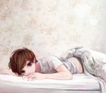  amber_tobi bad_id bad_pixiv_id bed blanket blue_eyes copyright_request lying red_hair shirt short_hair solo 