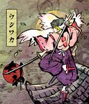  blonde_hair ein_lee fine_art_parody geta japanese_clothes katana male_focus moon nihonga ookami_(game) parody rooftop sandals solo sword tengu-geta ukiyo-e ushiwakamaru weapon 