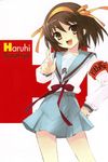  armband brown_eyes brown_hair hair_ribbon hairband happy itou_noiji kita_high_school_uniform official_art orange_hairband pointing ribbon school_uniform serafuku short_hair skirt solo suzumiya_haruhi suzumiya_haruhi_no_yuuutsu 