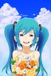  blue_eyes blue_hair cloud day flower hatsune_miku long_hair mitsunari sky smile solo twintails vocaloid 