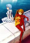  ayanami_rei back-to-back blue_eyes blue_hair bodysuit breasts butt_crack covered_nipples duplicate highres long_hair multicolored multicolored_bodysuit multicolored_clothes multiple_girls neon_genesis_evangelion one_eye_closed orange_bodysuit orange_hair plugsuit rebuild_of_evangelion red_bodysuit red_eyes redjuice shikinami_asuka_langley short_hair sitting small_breasts souryuu_asuka_langley test_plugsuit water white_bodysuit 