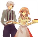  1girl apron axis_powers_hetalia blush brown_hair food grey_hair head_scarf hungary_(hetalia) jouji_(teeto) maid necktie prussia_(hetalia) sketch suspenders 