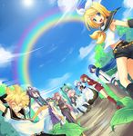  6+girls aqua_hair blonde_hair blue_eyes blue_hair blue_scarf child-box closed_eyes crossover detached_sleeves goggles green_hair gumi hair_ornament hairclip hatsune_miku kagamine_len kagamine_rin kaito kamui_gakupo kotonomiya_yuki long_hair md5_mismatch megurine_luka meiko moetan multiple_boys multiple_girls nijihara_ink one_eye_closed pink_hair ponytail rainbow red_hair scarf smile suigetsu twintails very_long_hair vocaloid 