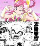  1girl bald clock closed_eyes cure_dream detached_sleeves dragon_ball dragon_ball_z earrings jewelry kuririn long_hair magical_girl monochrome one_eye_closed parody pink_hair precure purple_eyes screencap smile subtitled v yes!_precure_5 yumehara_nozomi 