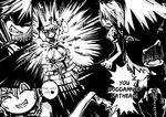  angry comic fang genocide_kitten greyscale hard_translated highres izayoi_sakuya knife monochrome multiple_girls pocket_watch remilia_scarlet sharp_teeth short_hair teeth touhou translated watch wings 