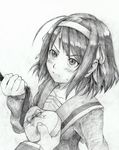  bad_id bad_pixiv_id blush box gift greyscale hair_ribbon heart-shaped_box holding holding_gift kita_high_school_uniform monochrome necktie necktie_grab neckwear_grab ribbon school_uniform serafuku solo suzumiya_haruhi suzumiya_haruhi_no_yuuutsu traditional_media tsundere valentine voyager_(artist) 