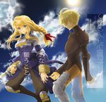  1girl agrias_oaks armor bad_id bad_pixiv_id blonde_hair blue_eyes braid final_fantasy final_fantasy_tactics knight long_hair ramza_beoulve spikes sword tooka translation_request weapon 