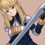  agrias_oaks armor blonde_hair braid dutch_angle final_fantasy final_fantasy_tactics gloves holding holding_sword holding_weapon knight long_hair looking_at_viewer lowres pauldrons red_eyes sheath single_braid solo sword unsheathing upper_body weapon yamayama3246 