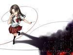  brown_hair closed_eyes knife misono_mayu mytyl plaid plaid_skirt red_string school_uniform skirt solo string usotsuki_mii-kun_to_kowareta_maa-chan weapon 