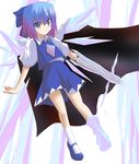  asymmetrical_clothes bad_id bad_pixiv_id blue_eyes blue_hair bow cape cirno cosplay hair_bow ice mismatched_footwear okumari reiuji_utsuho reiuji_utsuho_(cosplay) solo touhou wings 