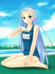  barefoot blue_eyes blue_hair chain-link_fence circlet cloud day feet fence long_hair looking_at_viewer name_tag one-piece_swimsuit outdoors piku pool poolside school_swimsuit shakugan_no_shana sitting sky smile solo swimsuit tis wariza 