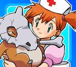  alternate_costume bone carrying cosplay cubone gen_1_pokemon green_eyes gym_leader hat holding holding_bone izumi_masashi joy_(pokemon) joy_(pokemon)_(cosplay) kasumi_(pokemon) nurse orange_hair pokemon pokemon_(anime) pokemon_(creature) side_ponytail skull tears 