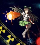  arm_cannon asymmetrical_clothes athrun1120 bad_id bad_pixiv_id black_hair black_wings caution eyes long_hair mismatched_footwear outstretched_arm radiation_symbol red_eyes reiuji_utsuho solo thighhighs touhou weapon wings 