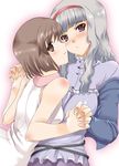  blush brown_hair gokubuto_mayuge hagiwara_yukiho hairband holding_hands idolmaster idolmaster_(classic) long_hair multiple_girls shijou_takane short_hair silver_hair smile yuri 