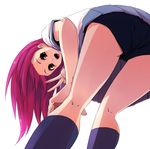  bad_id bad_pixiv_id buruma from_below hidaka_ryou kneehighs kneepits long_hair looking_down open_mouth original pink_eyes pink_hair purple_legwear skirt smile socks solo v 