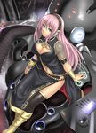  blue_eyes boots breasts cleavage_cutout headphones highres houtengeki large_breasts long_hair megurine_luka midriff navel pink_hair solo thighhighs vocaloid 