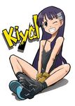  bike_shorts fang gloves grin kiyal long_hair lowres one_eye_closed purple_hair shorts shorts_pull simple_background sitting smile solo tengen_toppa_gurren_lagann urokozuki 