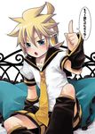  bad_id bad_pixiv_id blonde_hair blue_eyes blush headphones headset kagamine_len male_focus shorts sitting solo vocaloid yomorin 