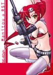  anti-materiel_rifle belt bikini_top boots breasts cleavage covered_nipples fingerless_gloves gloves gun hair_ornament large_breasts long_hair midriff nakajima_rei one_knee ponytail red_hair rifle scarf short_shorts shorts sideboob sniper_rifle solo studded_belt tengen_toppa_gurren_lagann thighhighs underboob weapon yellow_eyes yoko_littner 