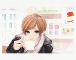  amber_tobi bad_id bad_pixiv_id blue_eyes brown_hair cafe cake coffee copyright_request cup drinking food pastry red_hair scarf short_hair solo staring 