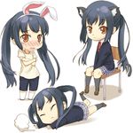  :&lt; animal_ears black_hair blush brown_eyes bunny_ears buntan cat_ears chibi closed_eyes crossed_arms fake_animal_ears k-on! kneehighs long_hair multiple_views nakano_azusa school_uniform sitting smile socks tears tripping twintails 