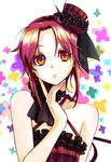 1girl bare_shoulders bow dress gothic_lolita gradient_hair hand_on_own_chin hat lolita_fashion mini_hat mini_top_hat multicolored multicolored_eyes multicolored_hair mytyl original parted_lips pink_hair red_hair solo symbol-shaped_pupils top_hat upper_body yellow_eyes 