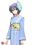  blue_kimono brown_eyes candy_apple food grey_hair japanese_clothes kanoji kimono mask nagato_yuki short_hair solo suzumiya_haruhi_no_yuuutsu yukata 
