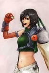  armor bad_id bad_pixiv_id black_hair brown_eyes final_fantasy final_fantasy_vii gloves headband highres materia midriff navel open_fly short_hair shorts sk_hand sleeveless sleeveless_turtleneck smile solo turtleneck unzipped yuffie_kisaragi 