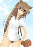  animal_ears bad_id bad_pixiv_id baseball_mitt brown_hair buruma cat_ears gym_uniform highres little_busters! long_hair natsume_rin ponytail red_eyes sato_toshiya solo 