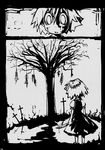  child comic cross death genocide_kitten greyscale hanged hard_translated highres izayoi_sakuya knife monochrome rope short_hair touhou translated tree 