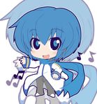 blue_eyes blue_hair blue_scarf chibi fang headphones headset kaito male_focus musical_note rikumaru scarf smile solo vocaloid zoom_layer 