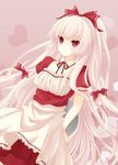  alternate_costume apron bad_id bad_pixiv_id bangs blush enmaided fujiwara_no_mokou hair_ribbon heart hime_cut kai_aki long_hair maid pink_hair ponytail red_eyes ribbon solo the_iron_of_yin_and_yang touhou very_long_hair white_hair 