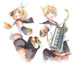  1girl :o bad_id bad_pixiv_id blonde_hair blue_eyes brother_and_sister instrument jumping kagamine_len kagamine_rin keytar looking_at_viewer looking_back nnyu open_mouth short_hair siblings simple_background twins vocaloid 