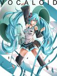  aqua_eyes aqua_hair aqua_nails bare_shoulders black_legwear checkered detached_sleeves hatsune_miku headset highres jumping long_hair microphone microphone_stand midair nail_polish necktie saku skirt solo thighhighs twintails vocaloid zettai_ryouiki 