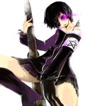  bad_id bad_pixiv_id black_hair black_legwear black_matagi black_rock_shooter burning_eye eyepatch gloves gun headphones high_heels hood hoodie metaborikkumen purple_eyes shoes short_hair skirt socks solo weapon zipper 