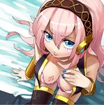  bad_id bad_pixiv_id blue_eyes blush bra breasts cleavage downblouse from_above gum_(gmng) headphones large_breasts lingerie long_hair megurine_luka pink_hair sitting solo underwear vocaloid 