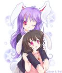  animal_ears blazer brown_hair bunny_ears carrot hug hug_from_behind inaba_tewi iris_anemone jacket jewelry long_hair multiple_girls one_eye_closed pendant pink_eyes pleated_skirt purple_hair reisen_udongein_inaba short_hair skirt snowflakes touhou 