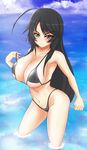  ahoge bad_id bad_pixiv_id bikini black_hair breasts day large_breasts long_hair moge original red_eyes solo swimsuit thighs wading water 