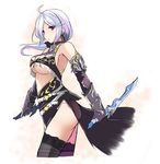 ahoge ass beige_background black_legwear breasts center_opening colorized cowboy_shot dagger dual_wielding earrings fatkewell gauntlets guild_wars hips holding jewelry large_breasts lavender_hair purple_eyes side_slit simple_background sketch solo standing thighhighs underboob weapon 
