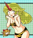  alternate_costume animal_print bikini blonde_hair blush bow breasts chibi cosplay hair_bow horn horn_ribbon horns hoshiguma_yuugi ibuki_suika long_hair lum lum_(cosplay) medium_breasts multiple_girls open_mouth orange_hair parody red_eyes ribbon short_hair smile style_parody swimsuit ten_(urusei_yatsura) ten_(urusei_yatsura)_(cosplay) tiger_print touhou urusei_yatsura ziogon 