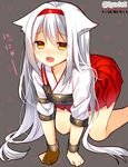  all_fours artist_name blush dated fang gloves hairband japanese_clothes kantai_collection kemonomimi_mode long_hair muneate open_mouth partly_fingerless_gloves shoukaku_(kantai_collection) skirt solo twitter_username very_long_hair white_background yadapot yellow_eyes yugake 