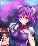  alternate_color ascot bad_id bad_pixiv_id bandages bow breast_envy breasts brown_hair bun_cover detached_sleeves double_bun flower hair_bow hair_tubes hakurei_reimu ibaraki_kasen large_breasts midriff multiple_girls ofuda purple_eyes purple_hair red_eyes rose sumapan touhou white_sleeves 