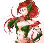  bare_shoulders breasts character_name flower hand_on_hip hikarusorano league_of_legends long_hair medium_breasts navel plant red_hair rose solo vines yellow_eyes zyra 