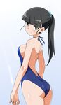  absurdres alternate_costume ass bangs bare_shoulders black_hair blunt_bangs blush breasts casual_one-piece_swimsuit cowboy_shot halterneck highres long_hair looking_at_viewer medium_breasts no_eyepatch one-piece_swimsuit ponytail sakamoto_mio shiny shiny_hair smile solo strike_witches swimsuit tokiani wet world_witches_series yellow_eyes 