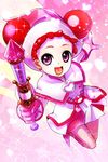  :d capelet double_bun dress full_body harukaze_doremi hat heart highres jumping magical_girl ojamajo_doremi open_mouth pink pink_hat purple_eyes red_hair short_dress smile solo sparkle teketeke wand 