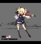  1girl absurdres blonde_hair character_name english glowworm_(zhan_jian_shao_nyu) hair_between_eyes hair_ornament highres hms_glowworm kneehighs letterboxed long_hair official_art photo_background rigging royal_navy scarf sirills solo sweater turret twintails wand wavy_hair white_ensign zhan_jian_shao_nyu 