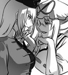  backlighting breasts chin_rest ears eye_contact frown greyscale hair_up hand_on_another's_face hat hat_ribbon ktsis large_breasts long_hair looking_at_another mob_cap monochrome multiple_girls neck nose nurse_cap out_of_frame ribbon smile touhou yagokoro_eirin yakumo_yukari 