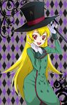  blonde_hair churumi_(grie) cosplay dokidoki!_precure eyelashes gloves happinesscharge_precure! happy hat highres long_hair looking_at_viewer namakeruda namakeruda_(cosplay) open_mouth precure red_eyes regina_(dokidoki!_precure) smile solo standing top_hat very_long_hair white_gloves 