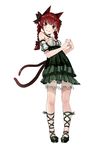  alternate_costume animal_ears bad_id bad_pixiv_id banssee bare_shoulders bow braid cat_ears cat_tail dress extra_ears full_body hair_bow heart heart_hands highres jewelry kaenbyou_rin leg_ribbon looking_at_viewer multiple_tails nekomata petticoat pigeon-toed pointy_ears ribbon see-through shoes simple_background single_earring smile solo standing strapless strapless_dress tail touhou twin_braids two_tails white_background 