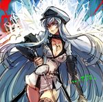  1girl akame_ga_kill! blue_eyes blue_hair breasts cleavage creayus esdeath hat long_hair military military_uniform peaked_cap smile uniform very_long_hair 